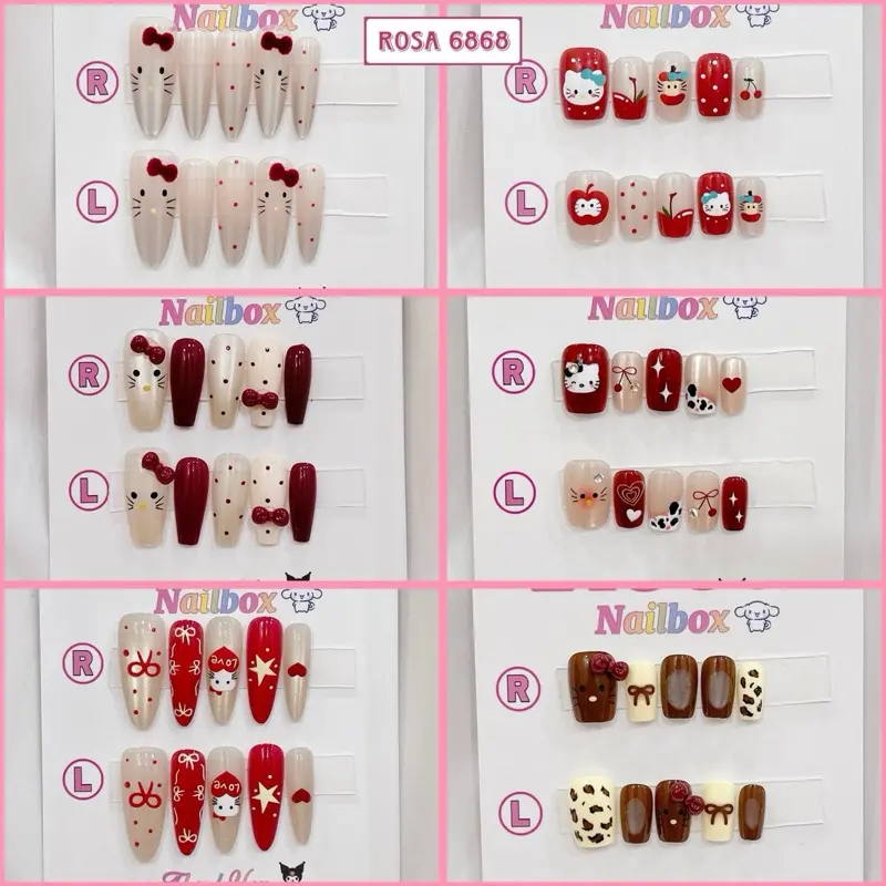 Nailbox thiết kế (th4) móng tay giả bầu tròn ngắn hello kitty mắt mèo tráng gương hoạt hình  - Rosa