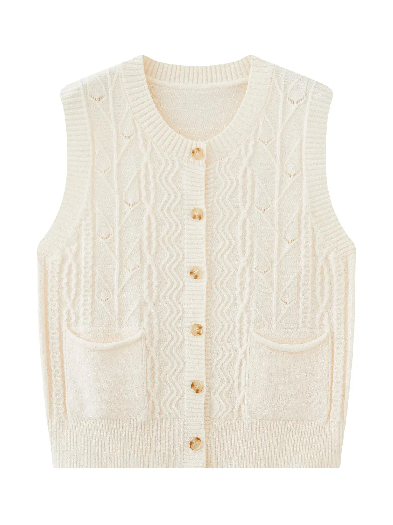 Women's Plain Button Front Pocket  Sweater Vest, Casual Sleeveless Round Neck Jumper Vest for Spring & Fall, Fashion Women's Knitwear for Daily Wear