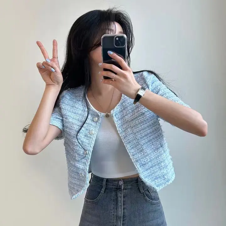 South Korea Chic Summer Anti-Aging Elegant Versatile Classic Style Mixed Color Short Sleeve Woolen Cropped Cardigan Coat for Women Womenswear Jackets