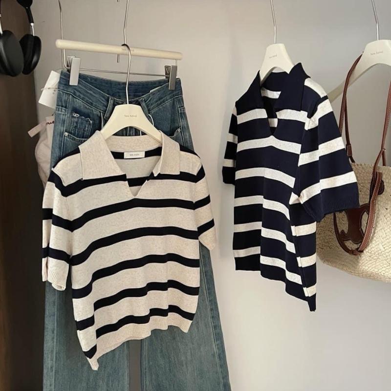 Áo len polo kẻ nữ , áo len nữ tay ngắn kẻ sọc form rộng , áo len mongtoghi nữ màu đen màu phong cách hàn quốc ulzzang hot trend
