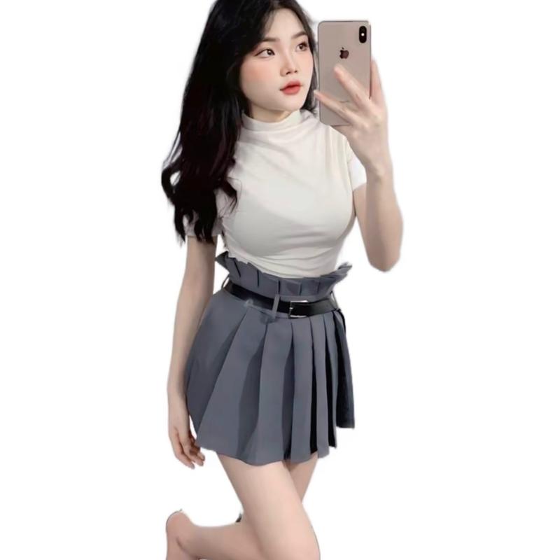 [ TẶNG ĐÀI LƯNG ] Set bộ áo thun tăm cổ 3 phân phối chân váy xếp ly tuyết mưa sịn 0