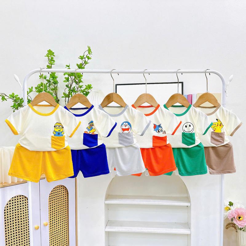 Bộ cộc tay quần cộc phối túi in hình MK483 (6-16KG) chất thun lạnh mỏng mềm, mát cho bé dưới 3 tuổi trẻ em ngủ đầm  thun  lạnh  cho  bé  gái