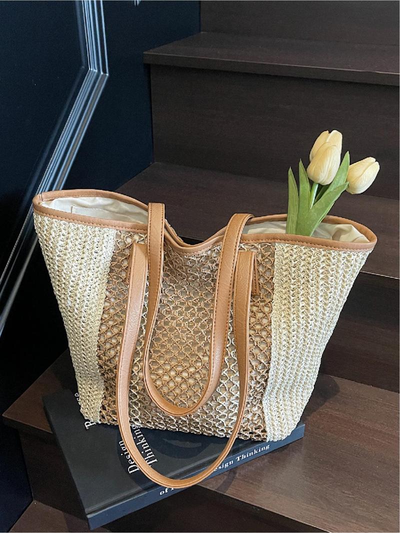 Product Introduction of Women's Fashionable Colorblock Straw Bag, Large Capacity Shoulder Bag for Women & Girls, Casual Trendy Versatile High-quality Daily Commuting Bag, Girl Fashionable Shopping Bag 4