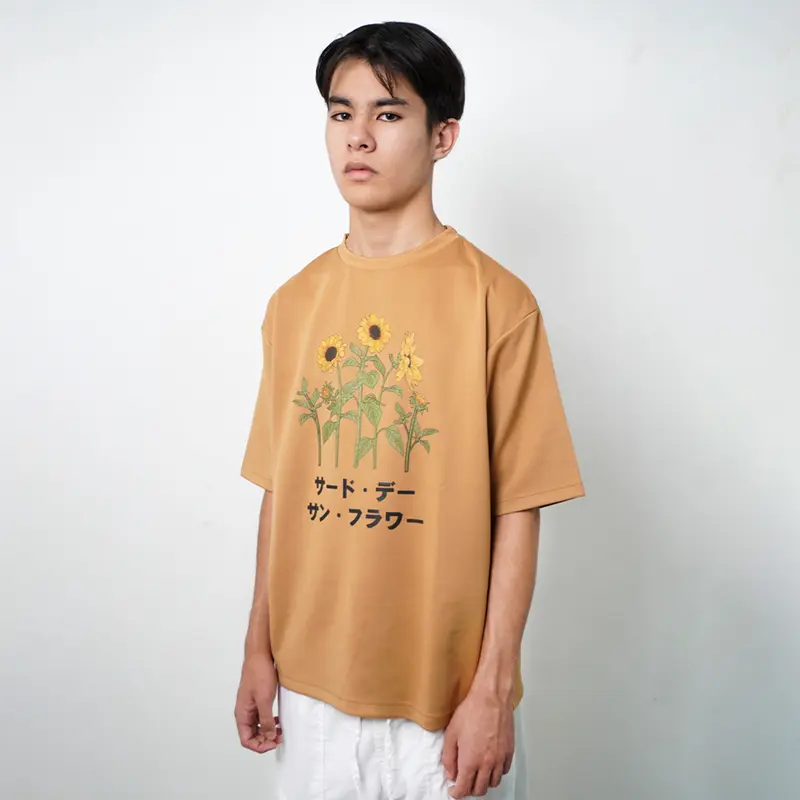 Kaos Oversize Gambar Bunga Matahari Sun Flower Bahan Tebal Scuba Distro Pria MTO44 Khaki MTO45 Putih Kain 1