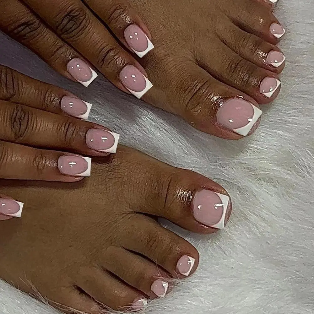 Short Square Fake Nail Set, 1 Box French Style Fingernails & 1 Box Toenails & 2 Sheets Tape & 2 Counts Nail Files & 2 Counts Sticks for Women & Girls, Removable Nail Art Artificial Full Cover, Women Girls DIY Manicure, Valentine's Day Gift, Gift for Women