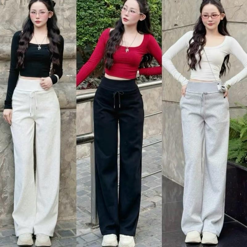{ DEAL MỞ BÁN } Quần Nỉ ống rộng Cạp Cao Bo Chun BẢN TO chất Nỉ ép 2da Mịn và không xù Nữ Pants- WOMENT