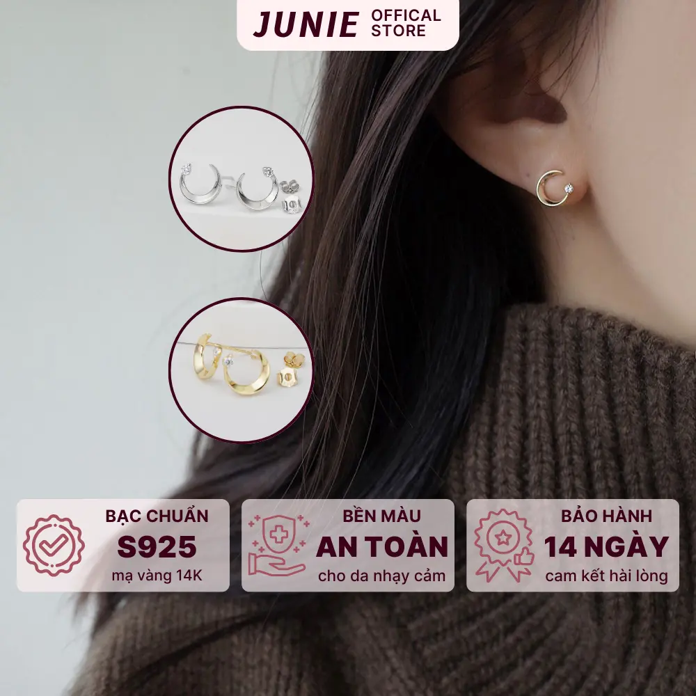 JUNIE - Bông tai nữ Lela - Bông Tai Mặt Trăng Đính Đá Cubic Zirconia Đơn giản, Cuốn Hút - Bạc 925 Mạ Vàng 14K