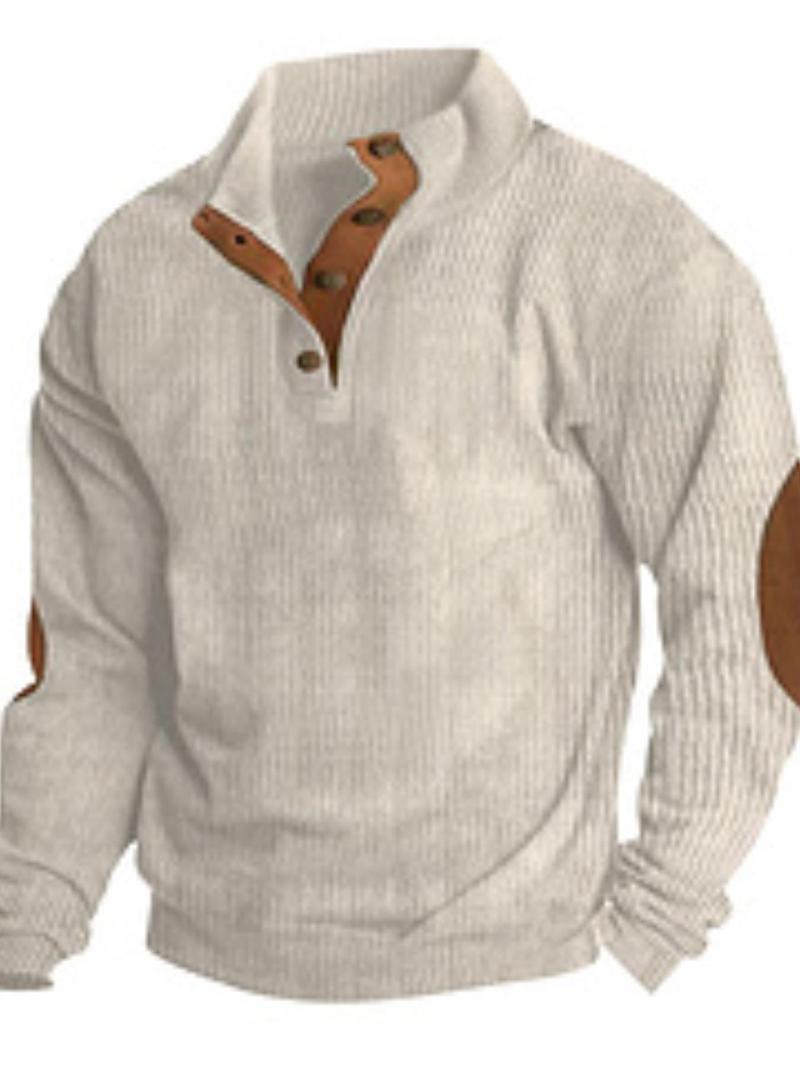 Product Introduction of Men's Regular Fit Patched Detail Stand Collar Sweatshirt, Casual Long Sleeve Pullover for Spring & Fall, Fashion Men's Top for Daily Wear 1