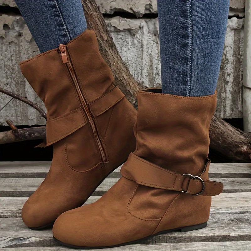 TikTok Shop Women s Slouchy Ankle Boots Solid Color Round Toe Side Zipper Short Boots Comfortable Flat Boots