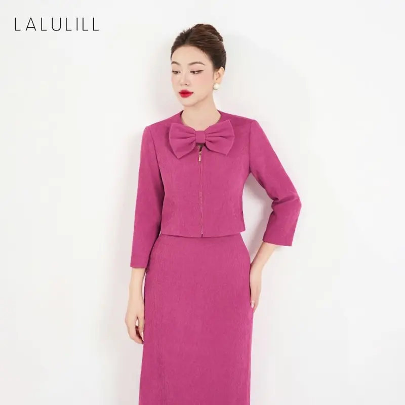 LALULILL Set nữ Áo vest dáng crop cổ nơ & Chân váy dáng suông dài nhung tăm hồng sen- LAK2438703 & LCV2442403 7