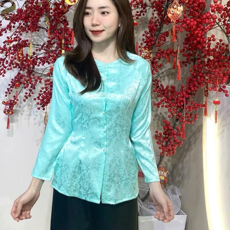 CẢ BỘ BÀ BA - ÁO VẢI GẤM VÂN HOA - TAY DÀI CỔ TRÒN - QUẦN LỤA SATIN 2