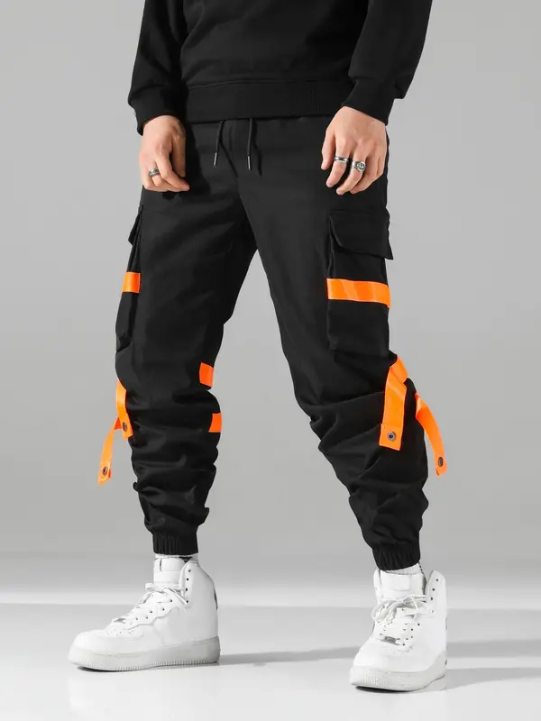 Men's Colorblock Drawstring Button Detail Cargo Pants, Construction Workwear, Regular Fit Fashion Casual Pocket Elastic Waist Trousers For Daily Wear, Men's Bottoms For Fall & Winter 2