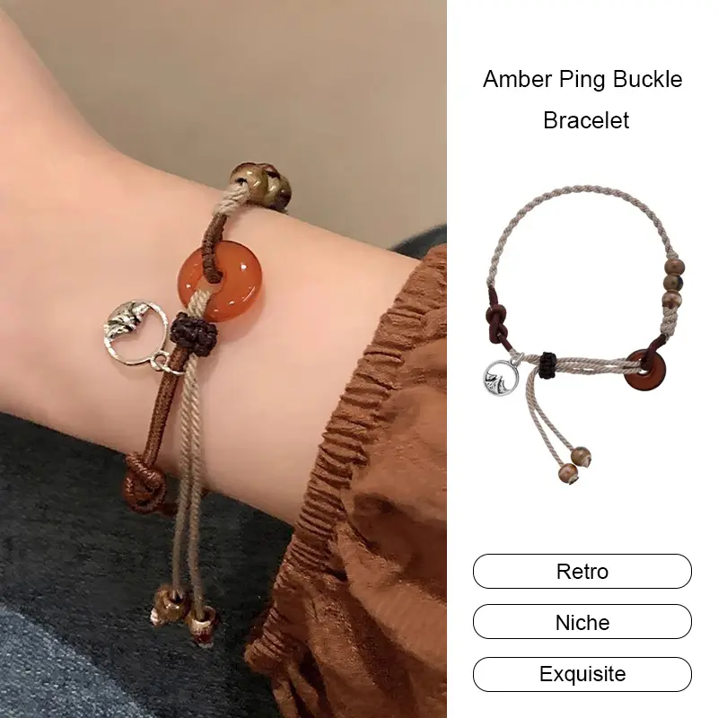 Temaram-Gelang Gesper Ping Amber Wanita Gelang Tenun Gaya Cina Baru Gelang Gaya Etnik Retro