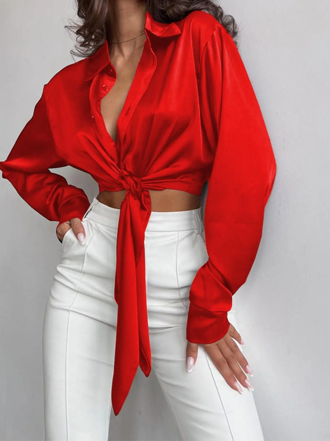 Women's Solid Color Tie Front Crop Satin Shirt, Casual Long Sleeve Collared Top for Daily Wear, Ladies Clothes for All Seasons