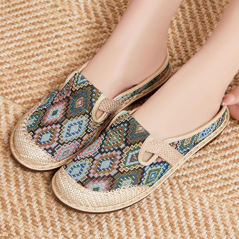 Có Sẳn Hàng Giày Thuyền Nữ Bằng Lanh Đan Bằng Cỏ Dại Phong Cách Dân Tộc Với Hoa Thêu 7