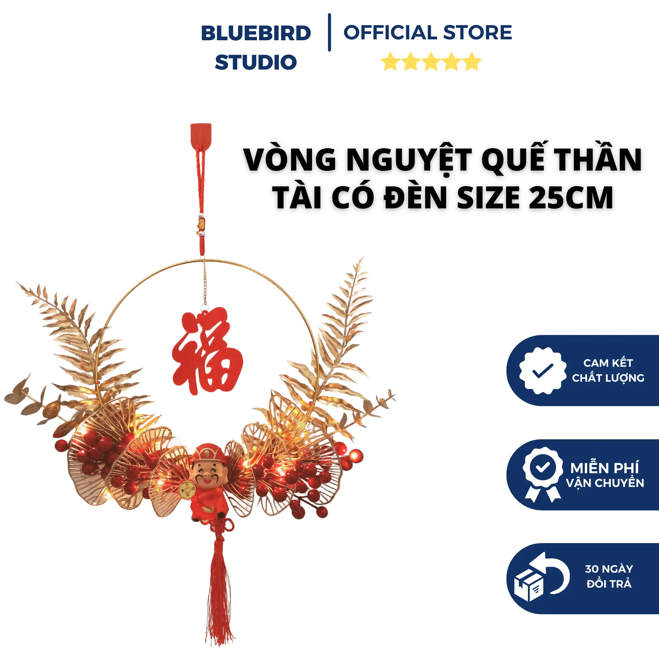 Vòng Treo Nguyệt Quế Thần Tài Có Đèn Size 25cm Decor nhà cửa Ngày Tết