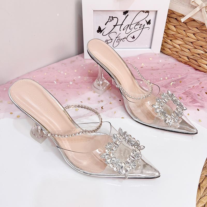 (FORM NHỎ- LẤY LÊN 1 SIZE) Guốc cao gót đính đá 1 nhọn mika trong suốt quai đính đá HALEY STORE 9cm đi học đi chơi đi làm chụp ảnh kỉ yếu đi du lịch