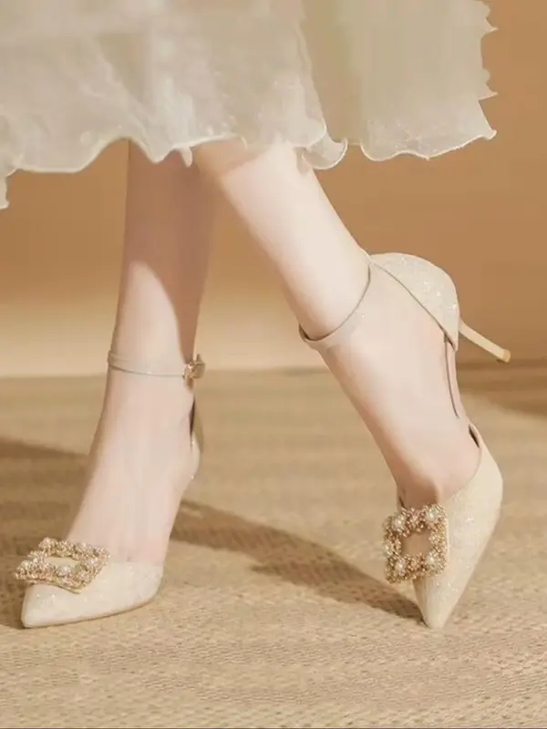 Women's Fashionable Rhinestone & Faux Pearl Decorated Spool Heel & Low Heel Shoes, Elegant Pointed Toe Heel Shoes for Party, Daily Clothing Decor for Women & Girls 7