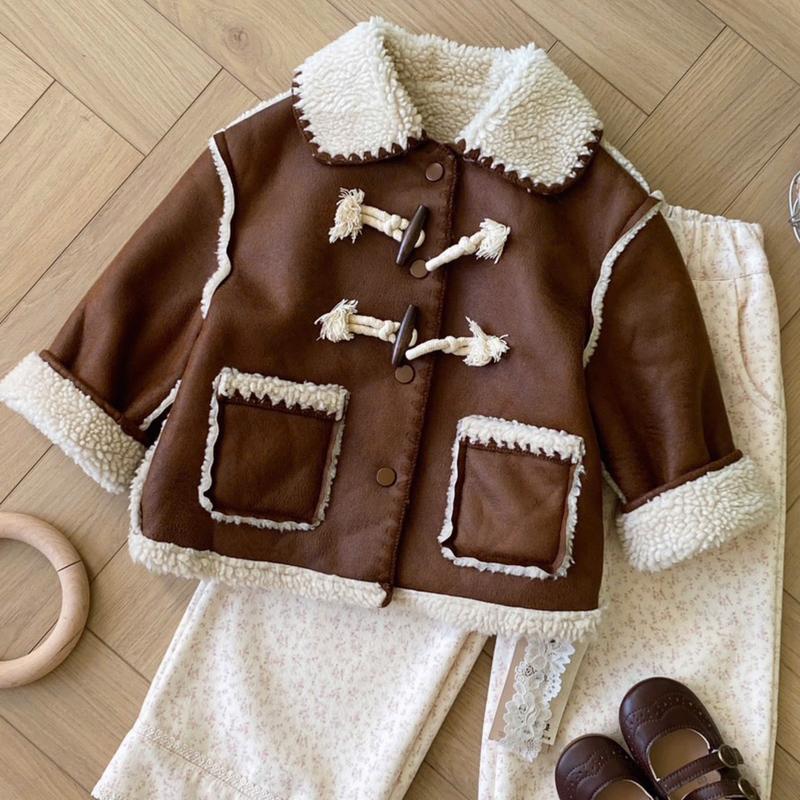 Áo khoác DA LỘN CÚC SỪNG lót lông cừu cho bé gái 13-28kg