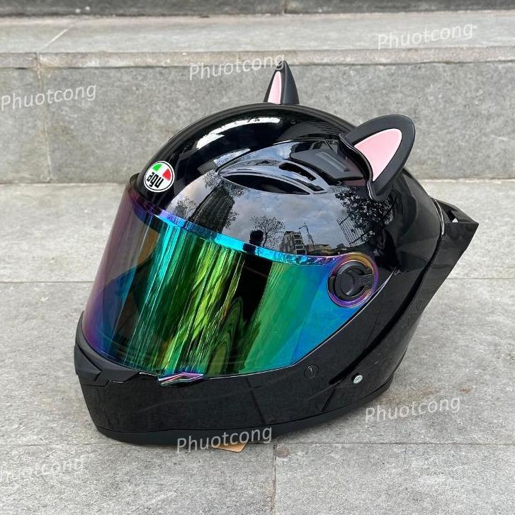 Nón bảo hiểm Fullface Agu đen bóng tặng tai mèo, gắn sẵn đuôi gió - Hàng chính hãng cao cấp, tặng túi đựng mũ