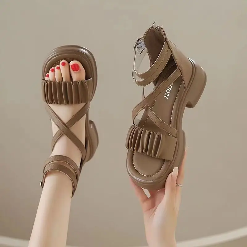 Dép La Mã, dành cho phụ nữ, Hàng mới về mùa hè 2024, Bốt Sandal đế dày, Thiết kế khoét lỗ, Dây đeo thoáng khí, Dễ Phối Đồ Chiều cao cổ cao GiàY DéP Shoes