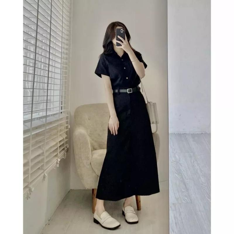 Set áo sơ mi cộc tay kaki mềm chân váy dáng dài kèm đai set 3 chi tiết áo sơ mi chân váy dáng dài kèm đai phong cách ulzzang 7