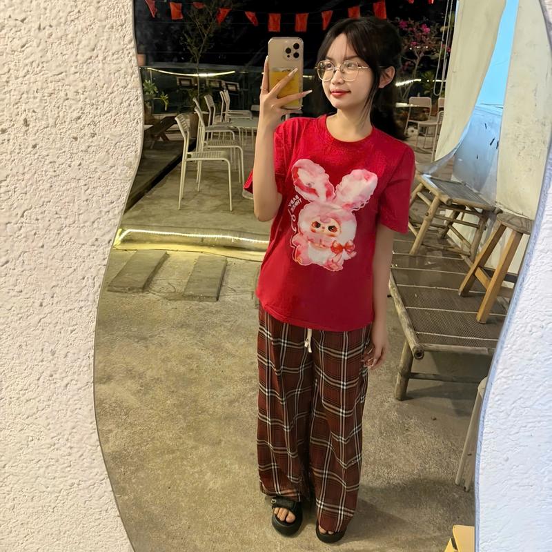 Set bộ cho bé gái, áo thun kèm quần kẻ caro fom rộng in hình baby three dễ thương chất vải cotton su mềm mịn cho bé 15-45kg 4