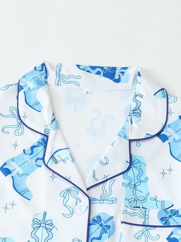 Women's All Over Print Lapel Shirt & Elastic Waist Shorts Pyjama Two-piece Set, Casual Comfy Short Sleeve Pocket Button Up Top & Shorts PJ Set, Ladies Summer Sleepwear, Loungewear 2