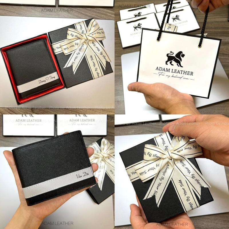   NHẬP KHẨU  VÍ BÓP NAM KHẮC TÊN THEO YÊU CẦU CHÍNH HÃNG ADAM LEATHER BẢO HÀNH 2 NĂM LỊCH LÃM SANG TRỌNG - Tặng kèm hộp nơ túi xách thiệp sang trọng Ví gập ba Wallet v í Kem 