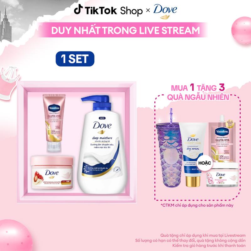 Hộp quà Dove Sáng mịn rạng ngời (Tẩy da chết 298g & sữa tắm Dove 500g tặng Vaseline 70g [1]