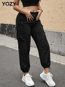 YOZY Women's Solid Drawstring Waist Cargo Pants, Casual Street Pocket Trousers for Fall & Winter, Women's Bottoms for Daily Wear