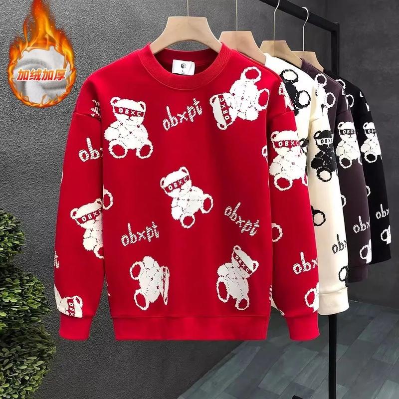 Áo Len Độn Nhung, Thiết Kế Hình Gấu Hoạt Hình, Dày Dặn, Dành Cho Mùa Thu Và Mùa Đông, Thương Hiệu Thời Trang Nam, In Hình, Áo Lớp Cơ Sở, Cổ Tròn, Thích Hợp Cho Nam Và Trẻ Em, [Ưu Đãi Đặc Biệt] Menswear 2