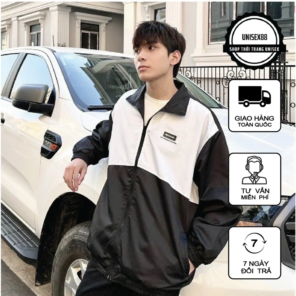 Áo khoác gió nam nữ 2 lớp Đen trắng nửa thân, Áo bomber 2 lớp dù chông gió chống nắng.