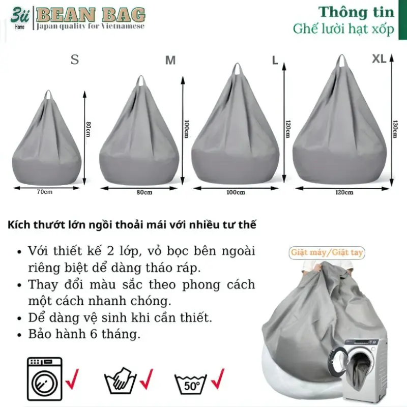 Ghế lười hạt xốp 3ii Home hình trái lê chống thấm Size XL120x130cm L100x120cm M80x100cm S70x80cm Sofa lười, Ghế lười tựa lưng chất liệu sử dụng cao cấp. s of a đệm lười  cho người lớn bean bag giường 8