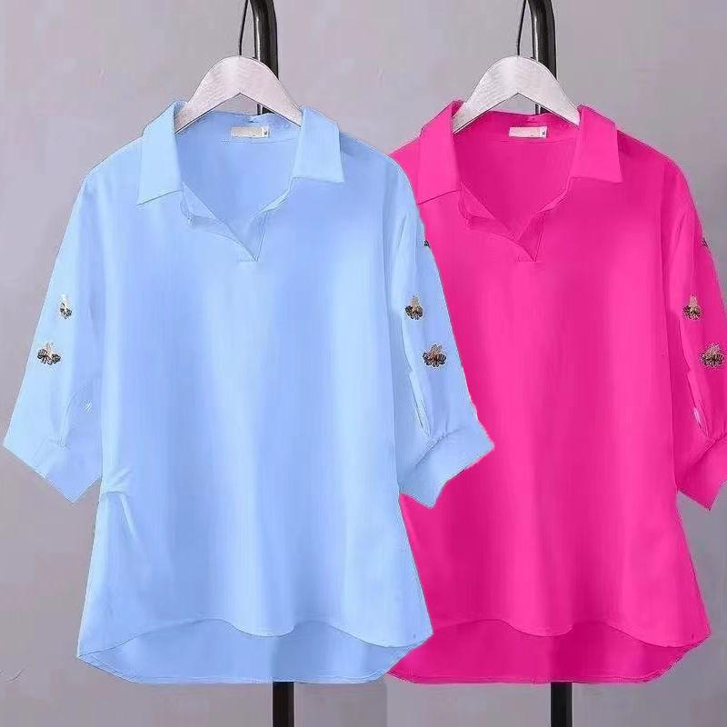 Áo Sơ Mi Voan ngắn Tay Áo, Phong Cách Phương Tây Của Phụ Nữ, Cổ Chữ V, Hàng Mới Về Mùa Hè 2024, Giấu Bụng, Dáng Rộng Vừa Vặn, Thêu, Áo Thời Trang 0