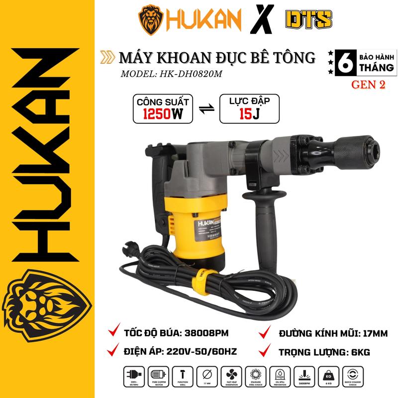 Máy khoan đục bê tông điện HUKAN HK-DH0820M công suất 1250W - Tốc độ búa 3800BPM – Đường kính mũi 17mm – Lõi đồng 100%
