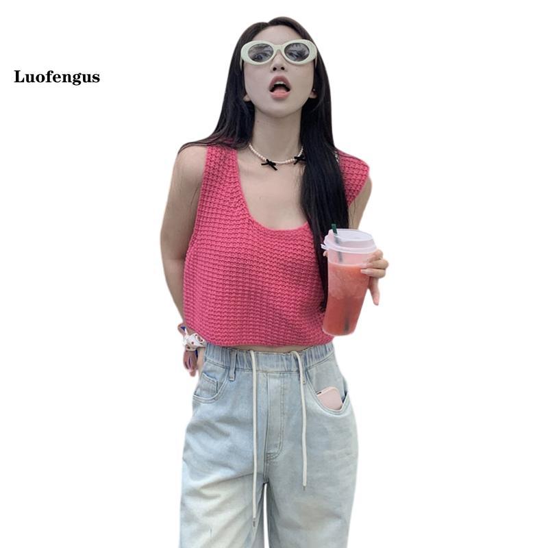 Women's Crochet Knit Tank Tops Casual Loose Fitting Round Neck Sleeveless Showing Navel Solid Color Shirt for Summer 0