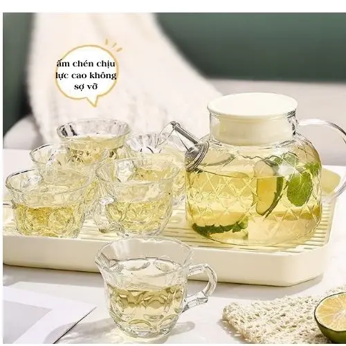 Bộ ấm chén pha trà thuỷ tinh chịu nhiệt cao cấp 6 cốc kèm khay có lọc tiện dụng 0