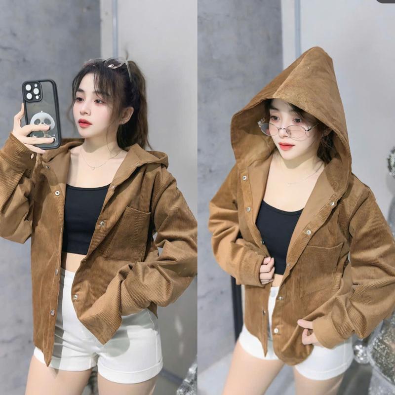 Áo Khoác Nhung Gân Sơ Mi Thời Trang Dành Cho Nam Nữ Có Nón Trùm Đầu