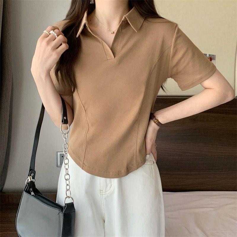 Product Introduction of Summer New Korean Style Polo Collar Solid Color Short-Sleeved Top for Women Slim Casual All-Match T-shirt Women 13