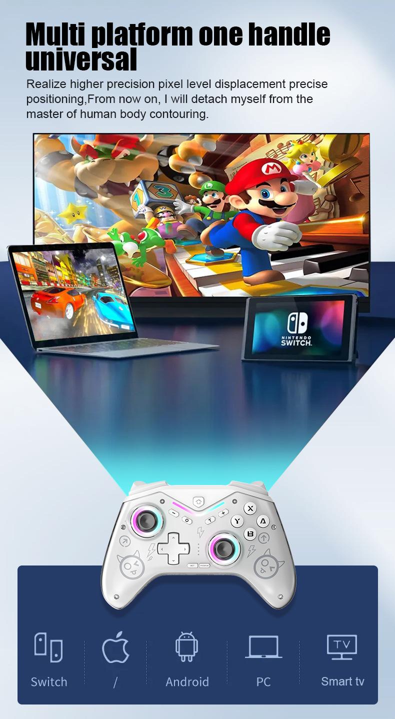 Product Introduction of Wireless Bluetooth game controller, game controller, one click wake-up, six axis motion sensing gyroscope, Hall precision joystick, trigger, suitable for Switch IOS, Android Windows,PS 6