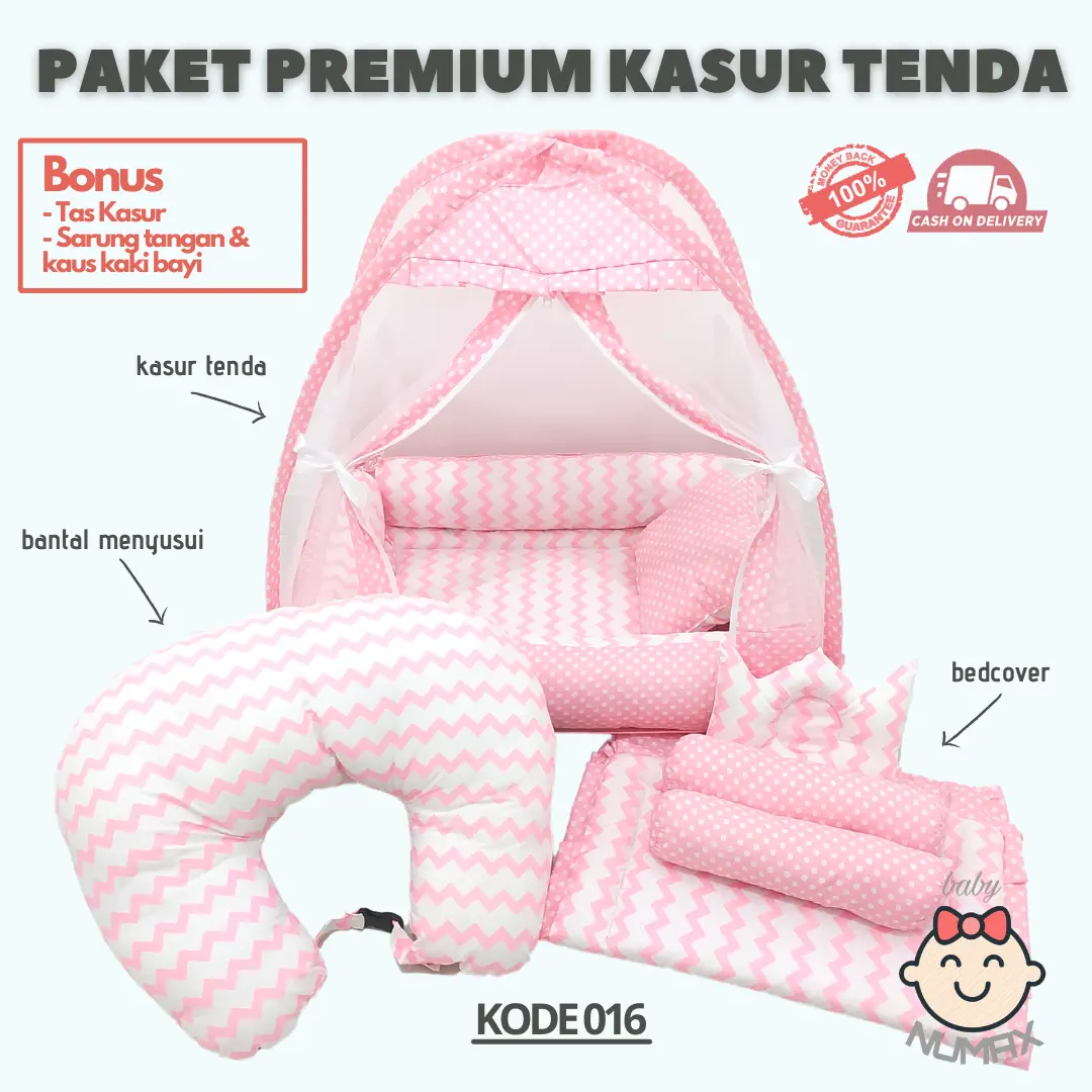 PAKET KASUR BAYI BERKELAMBU MODEL TENDA / KASUR BAYI MOTIF LINE PINK / TEMPAT TIDUR BAYI SET LENGKAP MOTIF LUCU