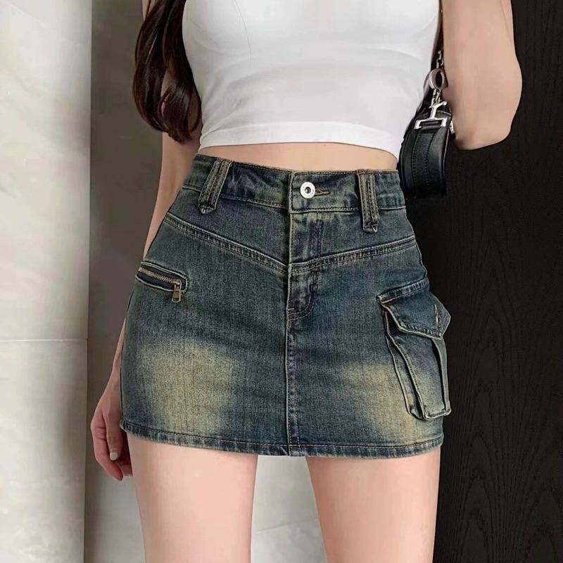 Chân váy ngắn JEAN 1 TÚI Y2K túi hộp lưng cao màu Xanh wash vàng Xám đen Chân váy jean chữ A style Ulzzang