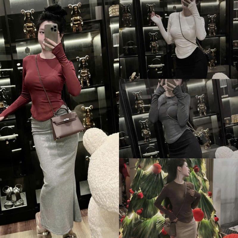 Set áo cổ tròn tay dài vạt bầu phối chân váy đuôi cá dễ thương - thun gân tăm H741 set bộ , set nữ tôn dáng , set chân váy , set bộ nữ , set đi biển , set váy