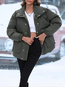 Women's Solid Button Front Pocket Drop Shoulder Winter Coat, Casual Long Sleeve Thermal Outerwear for Fall & Winter, Women's Clothing for Daily Wear