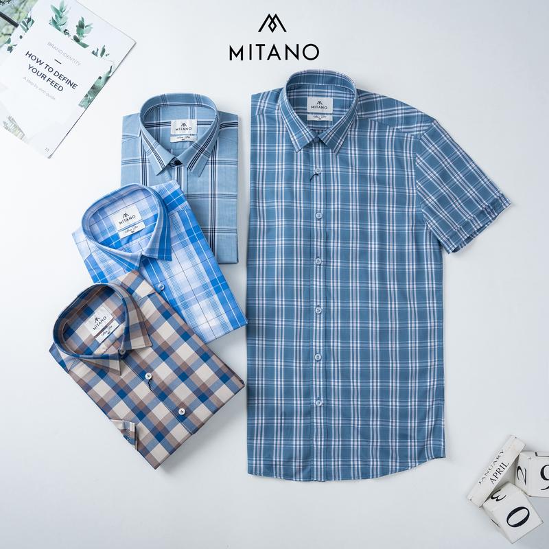 Áo sơ mi nam ngắn tay kẻ caro Mitano slimfit, không túi ngực, vải sợi tre.