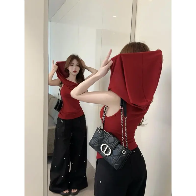Áo Vest Có Mũ Trùm Đầu Không Tay, Phong Cách Cô Gái Nóng Bỏng Mỹ, Thiết Kế Độc Đáo Sang Trọng Và Thanh Lịch, Mỏng Vừa Vặn, Áo Phông Đi Lại Thời Trang, Dành Cho Nữ 6