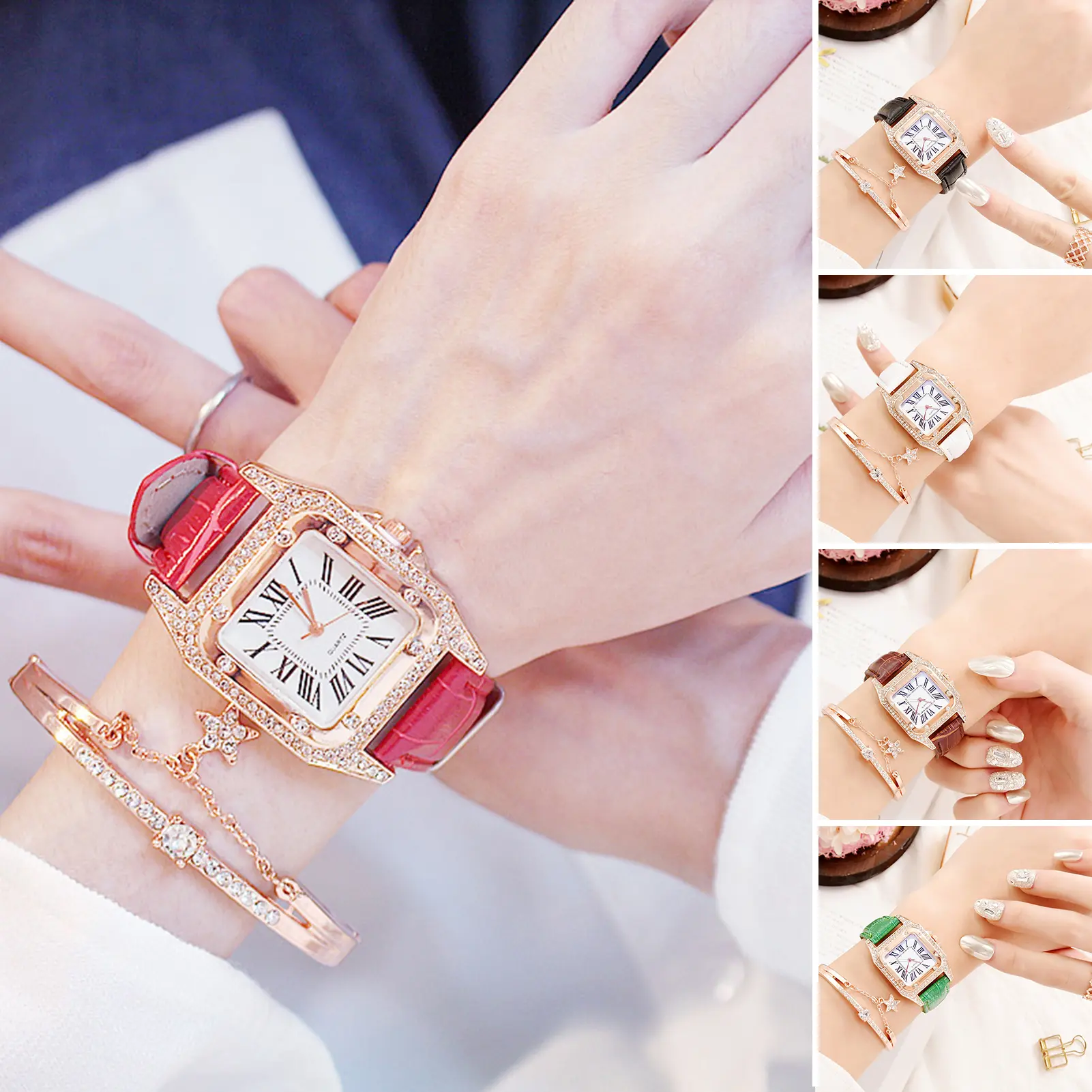 1 Set Women Watch Bracelet Square Dial Adjustable Elegant High Accuracy Waterproof Birthday Gift Faux Leather Strap Sparkling Rhinestone Metal Wrist Watch Bangle Kit for Daily