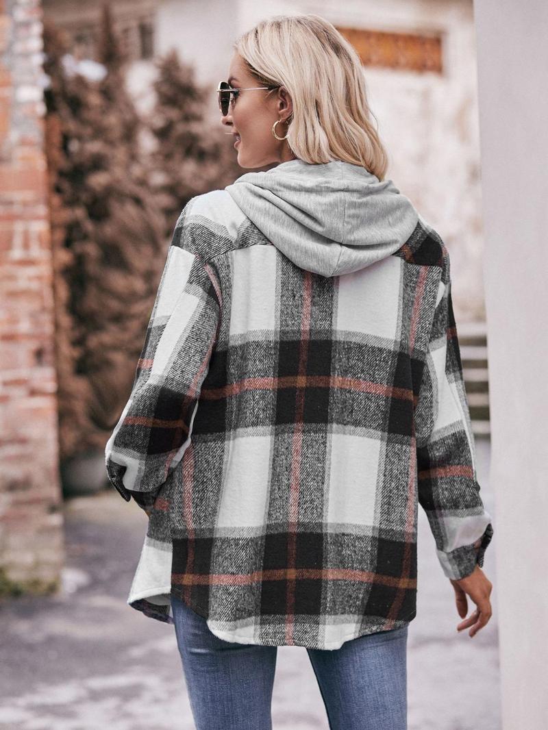 Product Introduction of Women's Plaid Print Button Front Drawstring Hooded Coat, Casual Drop Shoulder Long Sleeve Pocket Outerwear for Fall & Winter, Ladies Clothes for Daily Wear 8