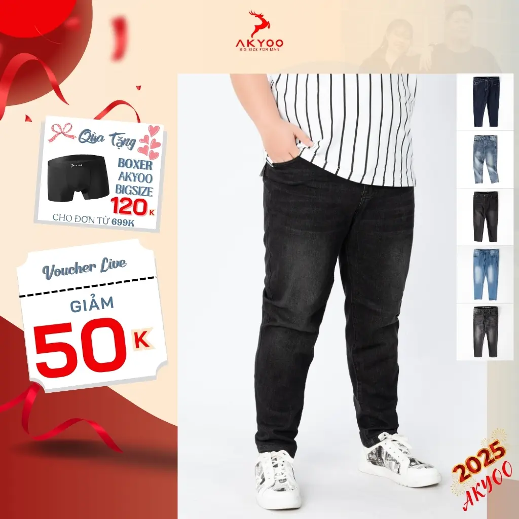 Quần jean big size nam AKYOO 80-130kg, màu xám, xanh tím đen Menswear Pants Có Túi Cotton